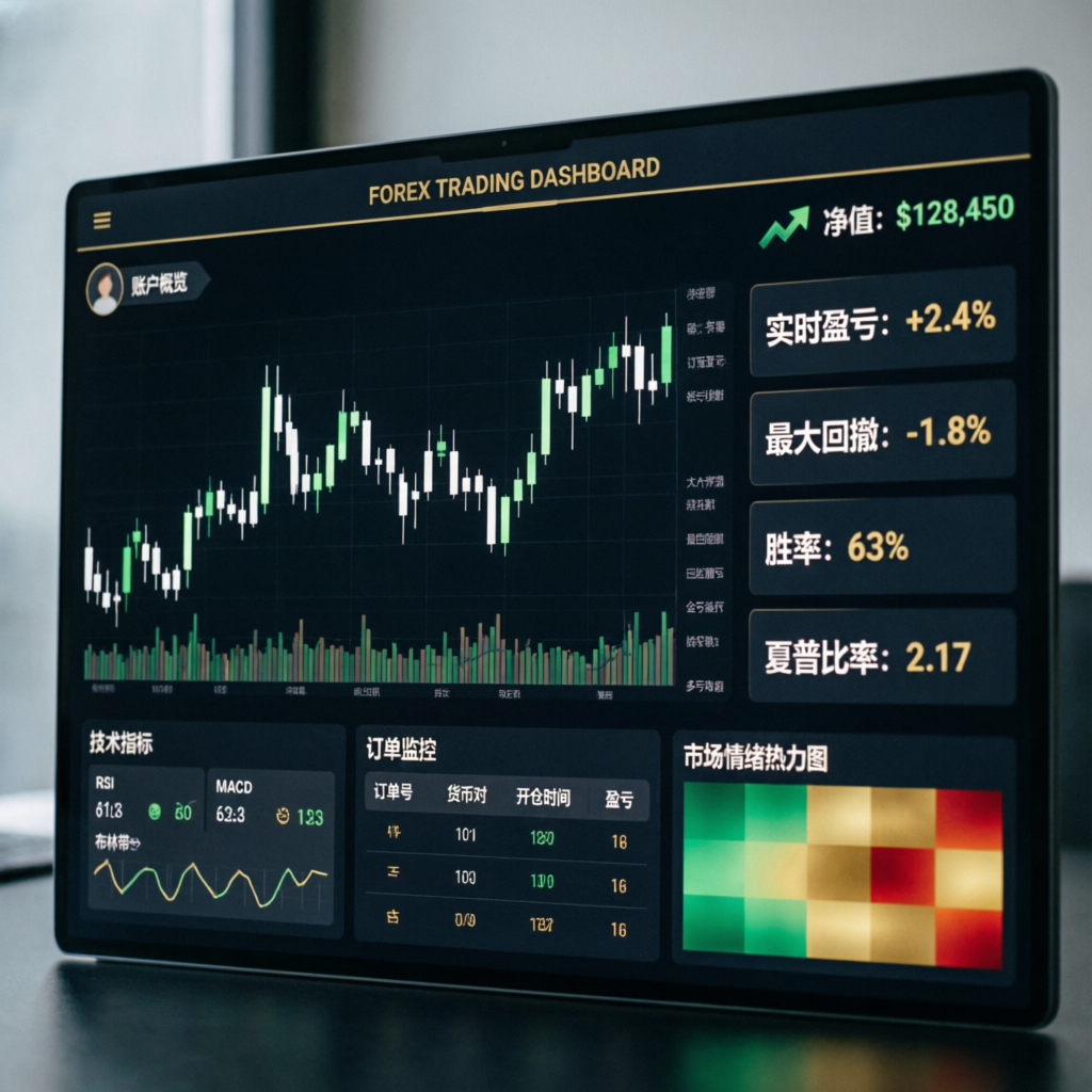 Professional forex trading dashboard showing prop firm challenge progress and funded account metrics