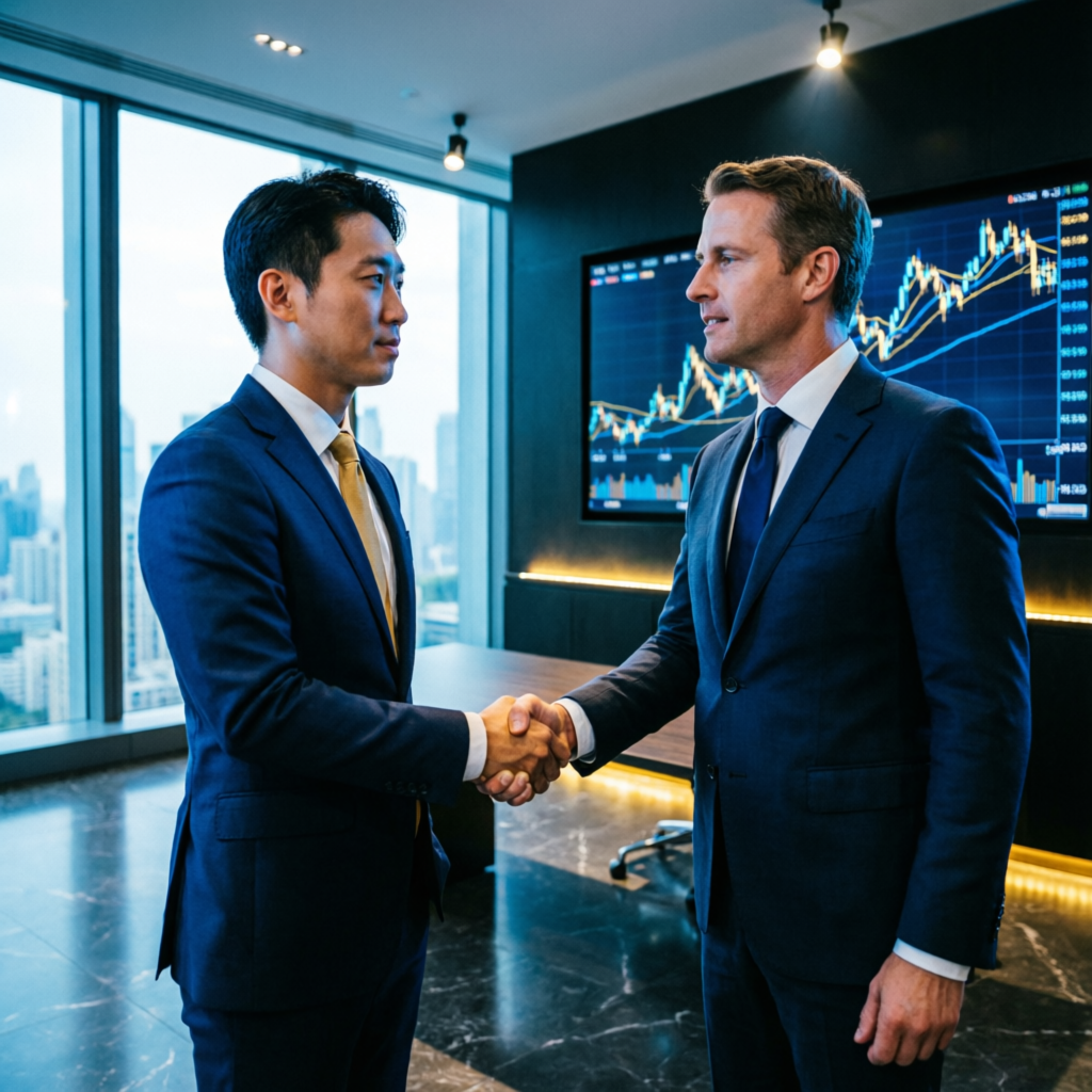 Professional partnership handshake between prop firm trader and funded account manager