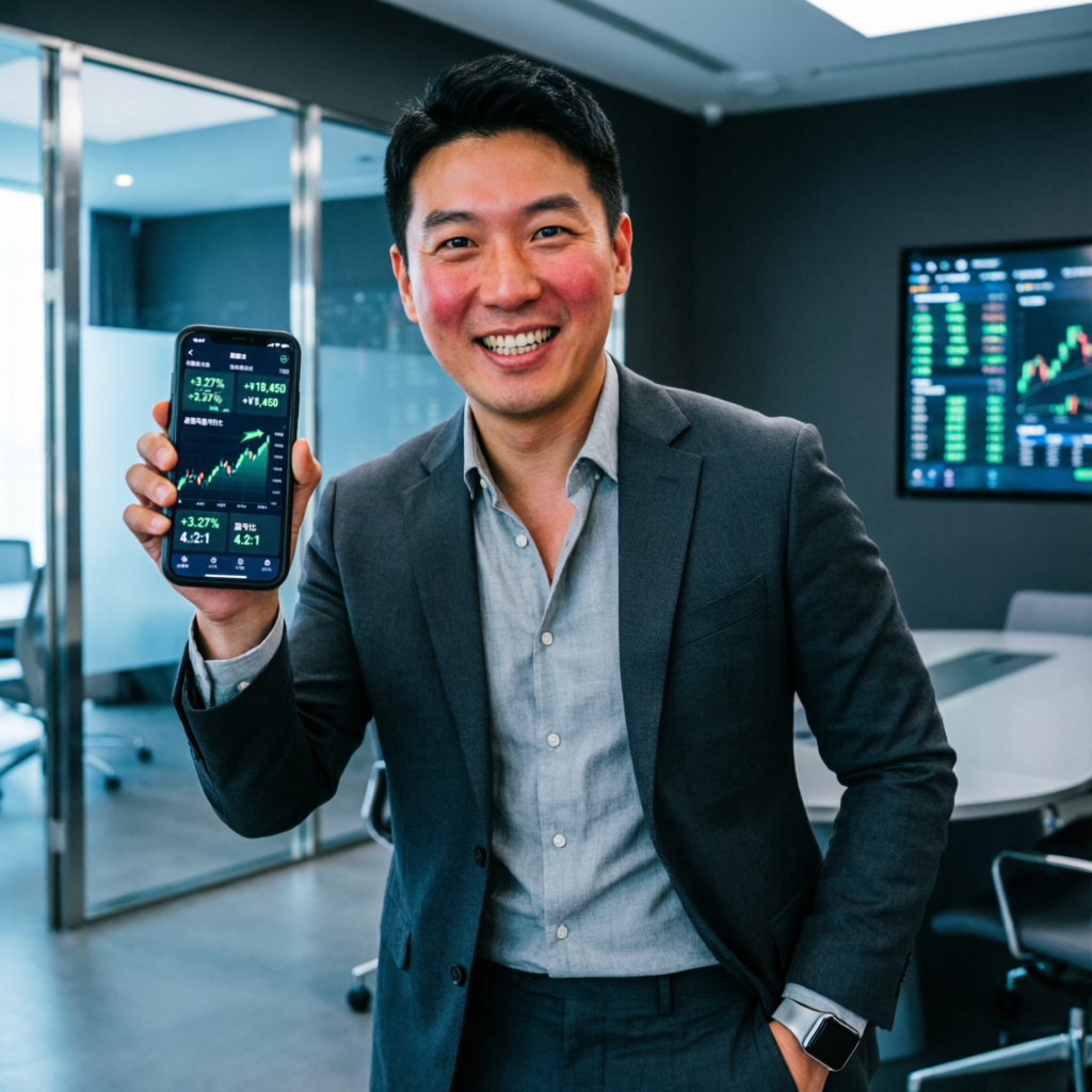 Happy successful trader showing profitable trading results on smartphone