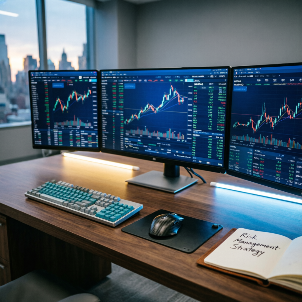 Premium trading desk setup with multiple monitors showing forex charts and risk management strategy notebook