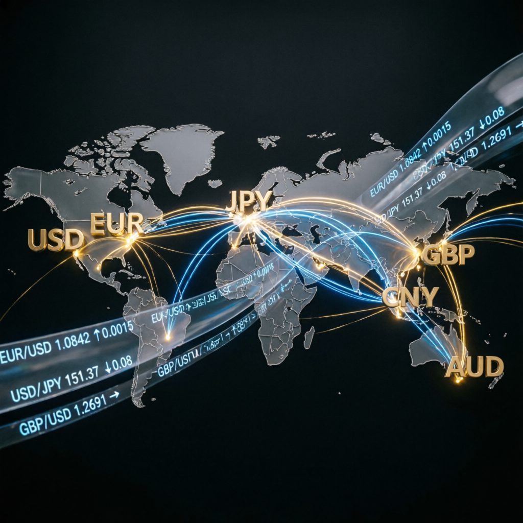 Global forex markets world map showing currency connections and trading routes