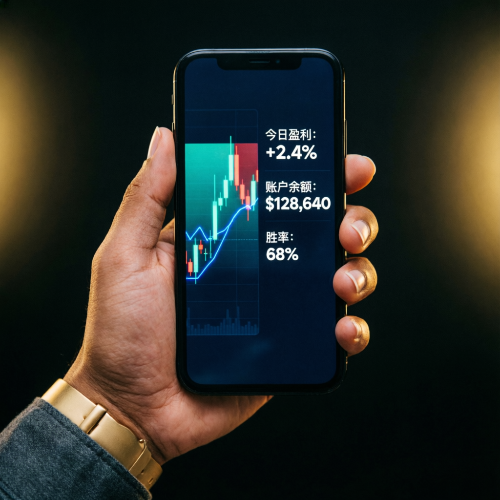 Mobile trading app showing forex profits and account balance on smartphone