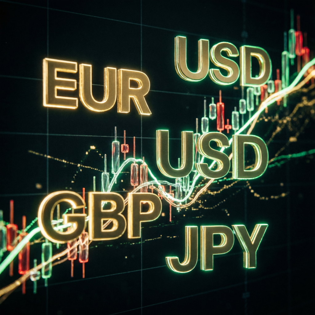 Major forex currency pairs EUR USD GBP JPY with trading charts in background