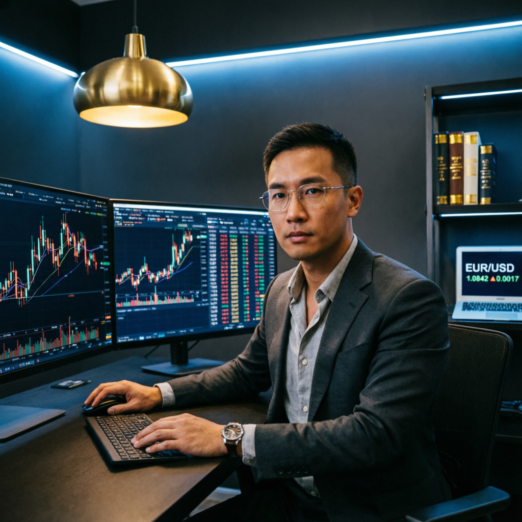 Professional forex trader using prop firm passing service at multi-monitor trading station