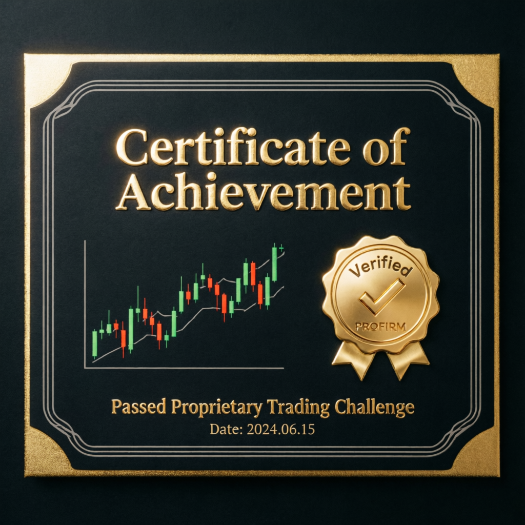 Verified prop firm challenge passing certificate with gold seal