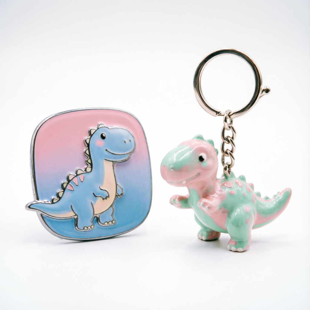 Badge y llavero de dinosaurio en esmalte