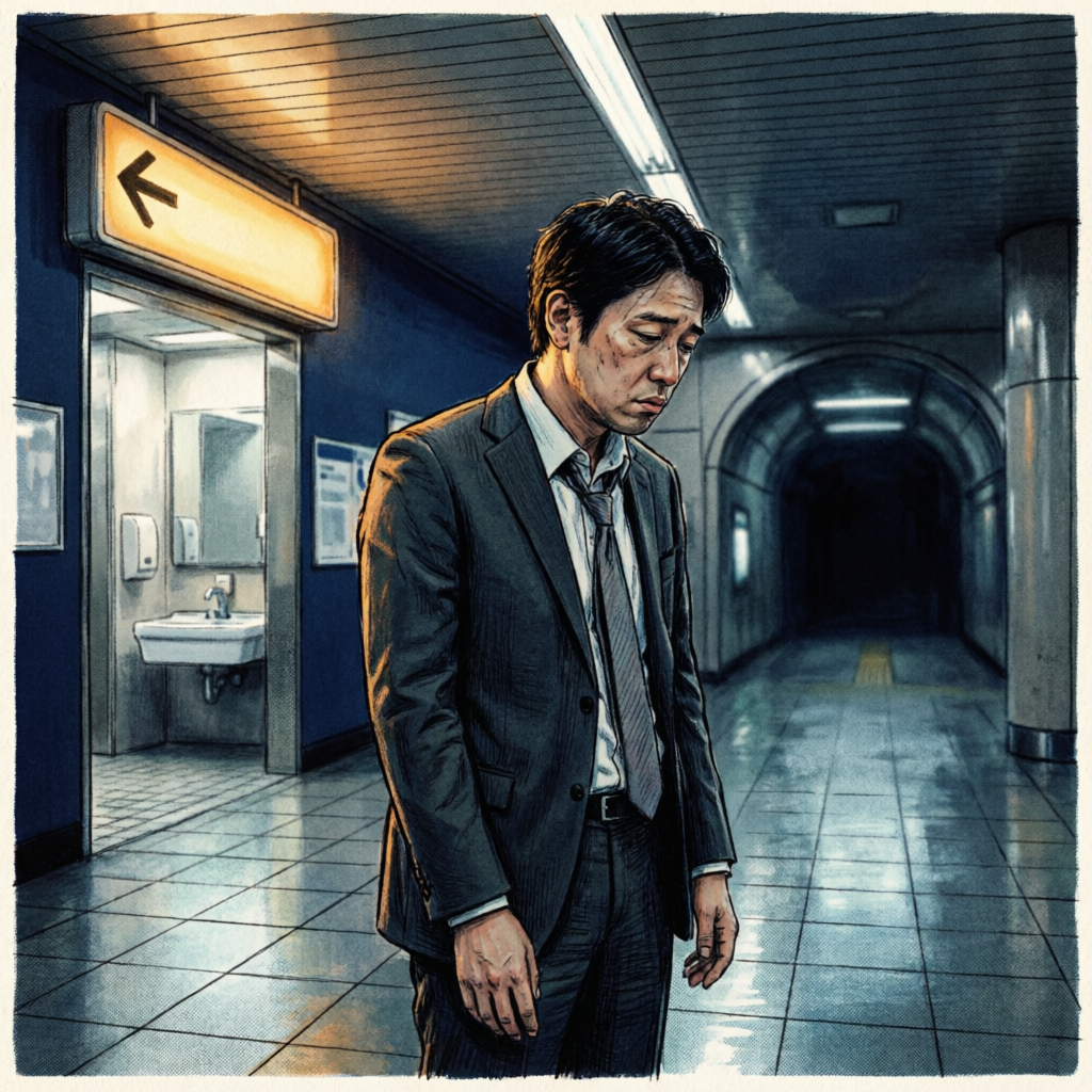 駅構内のトイレ前で立ち止まる通勤者のイラスト