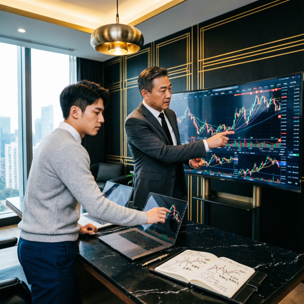 Professional trading mentorship session with mentor and trader reviewing charts in luxury office
