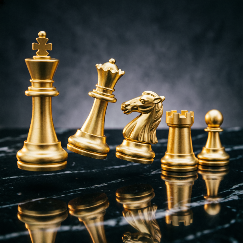 Trading psychology and strategic thinking with golden chess pieces representing strategic decision making