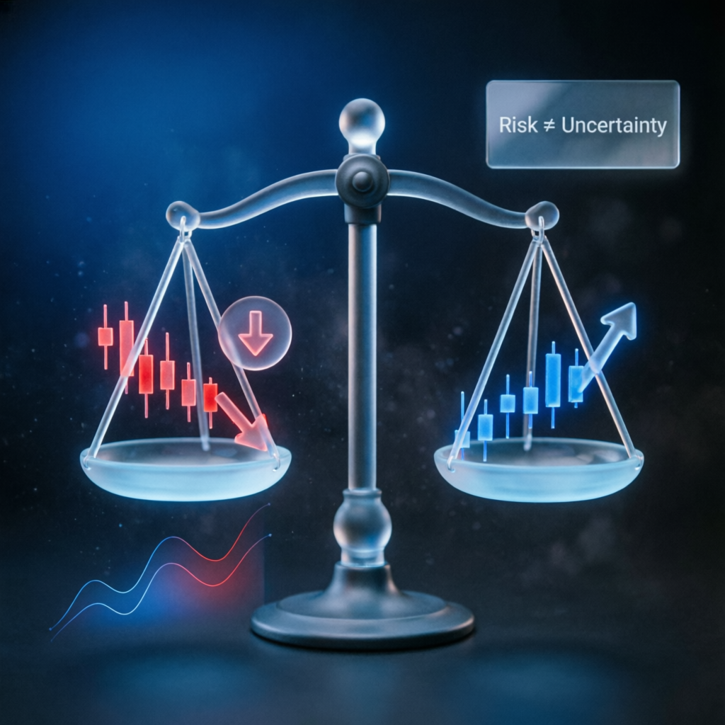 Risk management concept with balance scale and trading charts