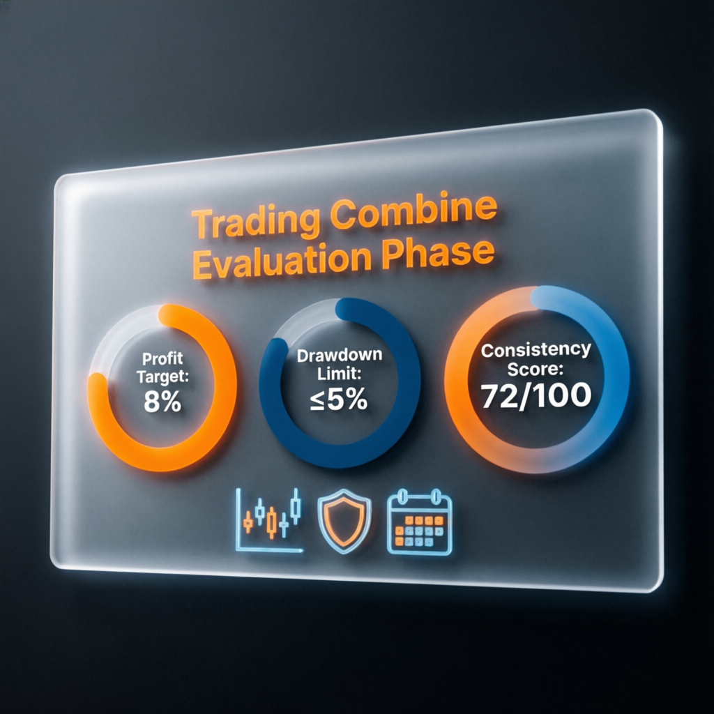Trading combine evaluation phase with profit targets and metrics