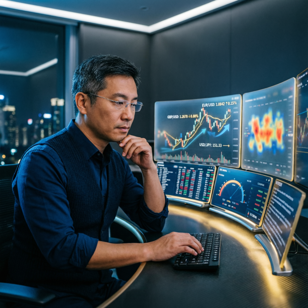 Professional forex trader analyzing financial charts
