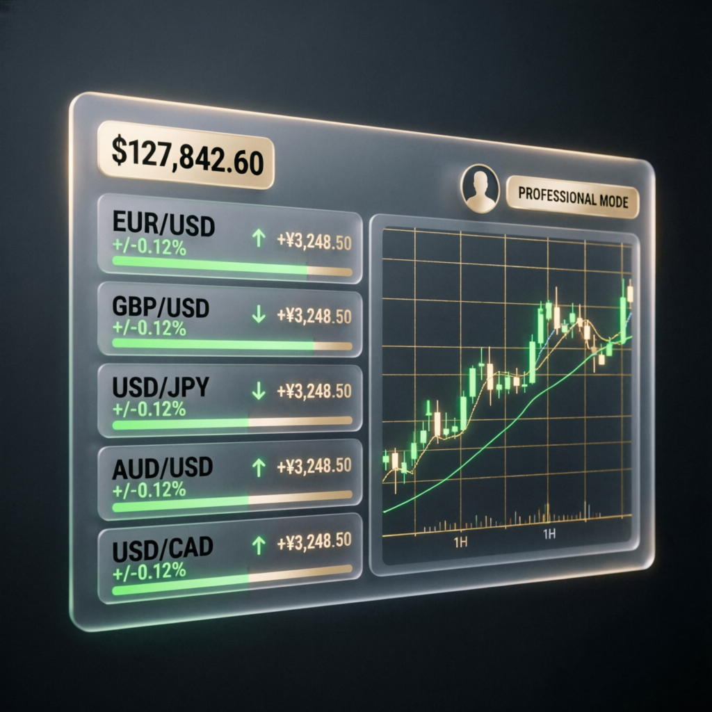 Forex account management dashboard with multiple currency pairs