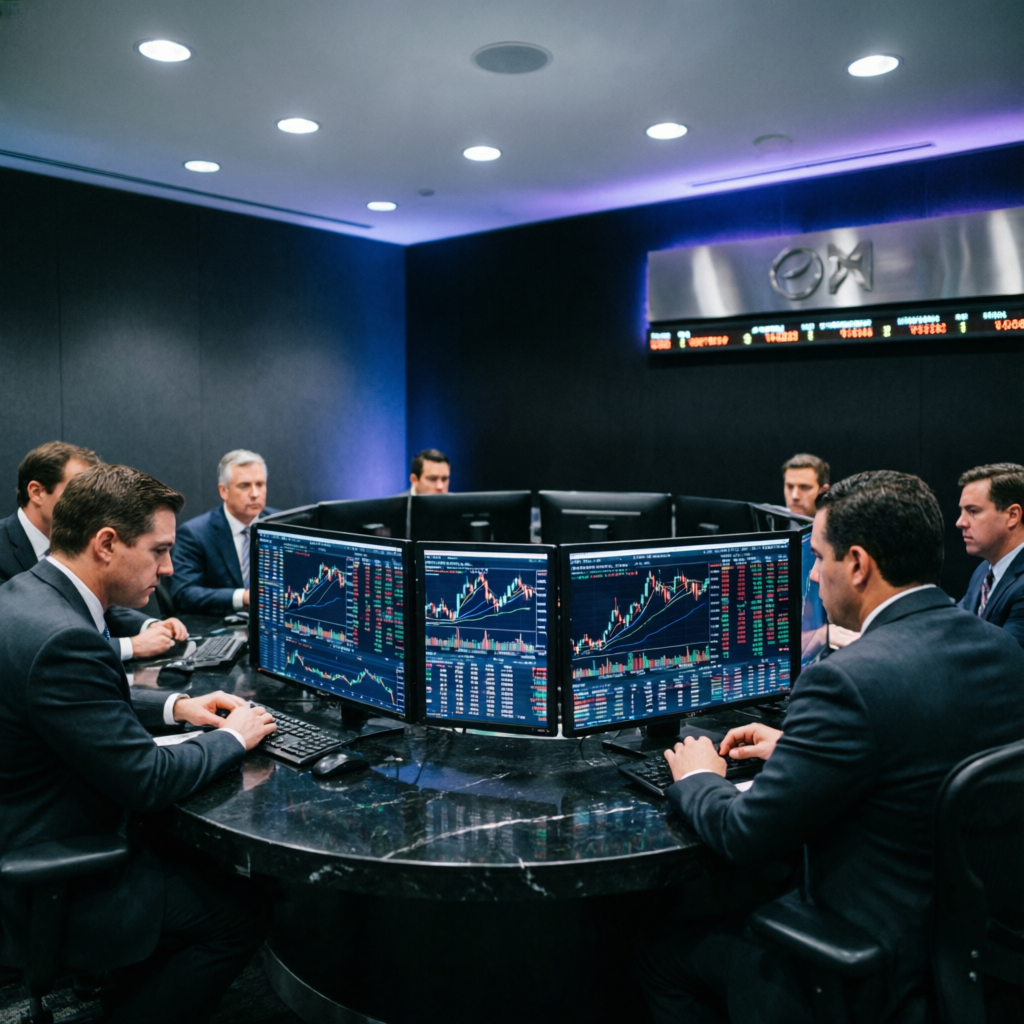 Professional prop firm trading floor with Topstep traders