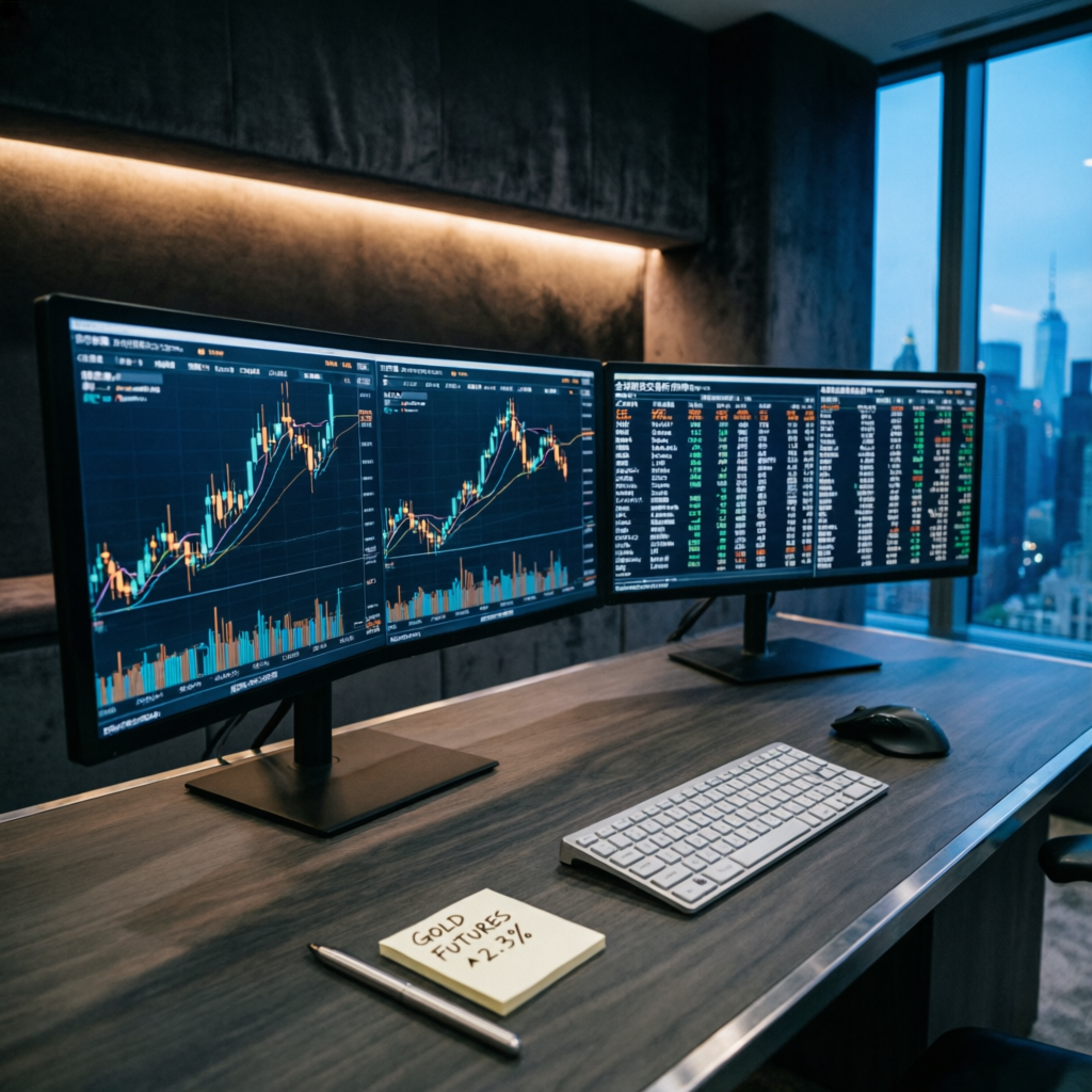 Professional trading desk with multiple monitors showing futures data