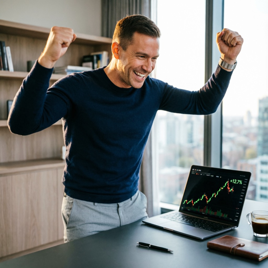 Trader Celebrating Success with Profit Charts