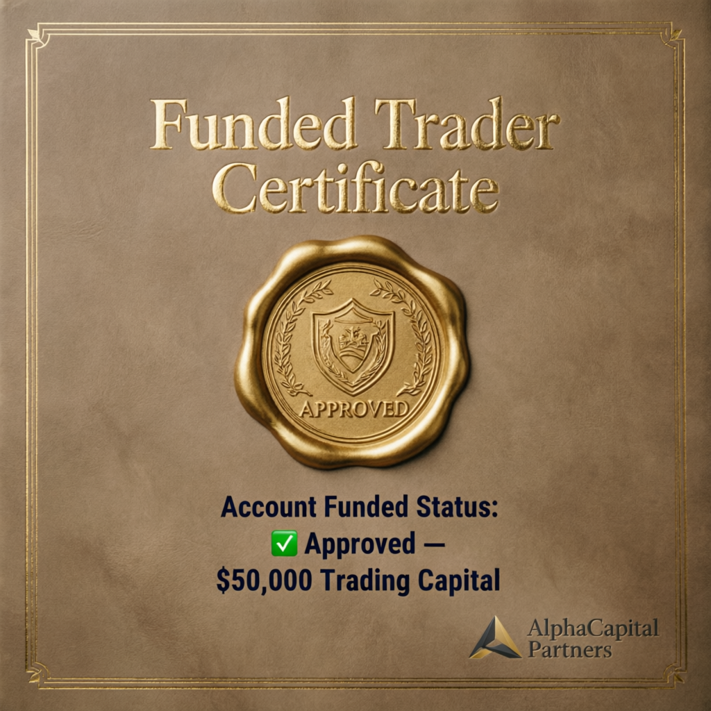 Funded Trader Certificate with gold seal showing approved $50,000 trading capital status