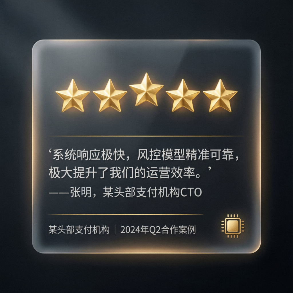 Five star review card with premium glassmorphism design showing client testimonial