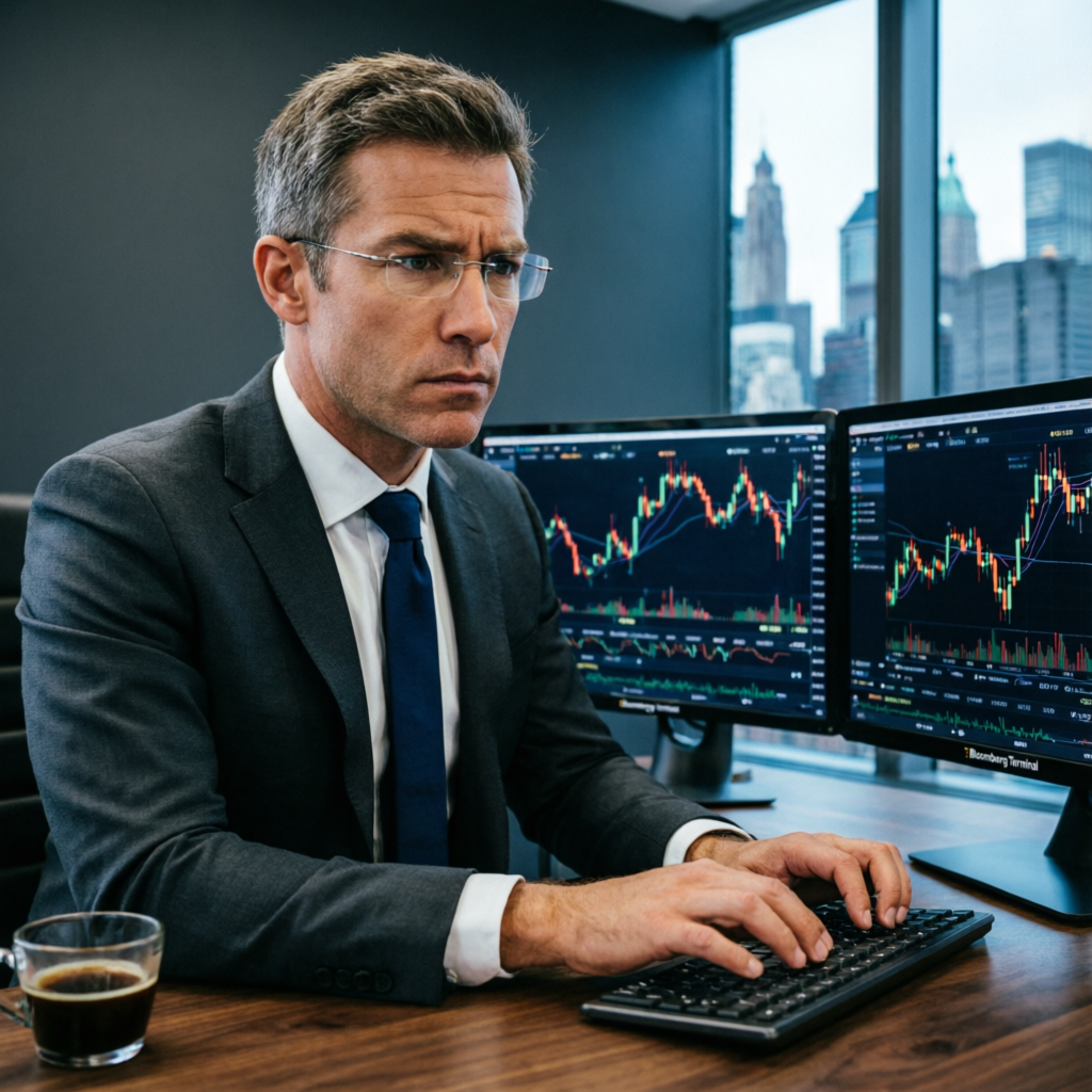 Professional forex trader analyzing multiple screens with candlestick charts in Wall Street office