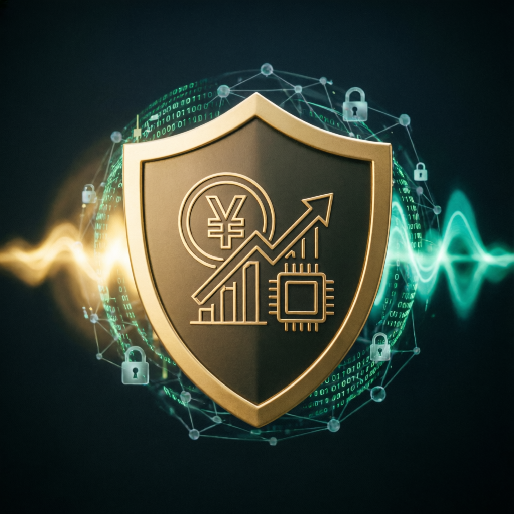 Risk management and security shield protecting financial assets with digital encryption