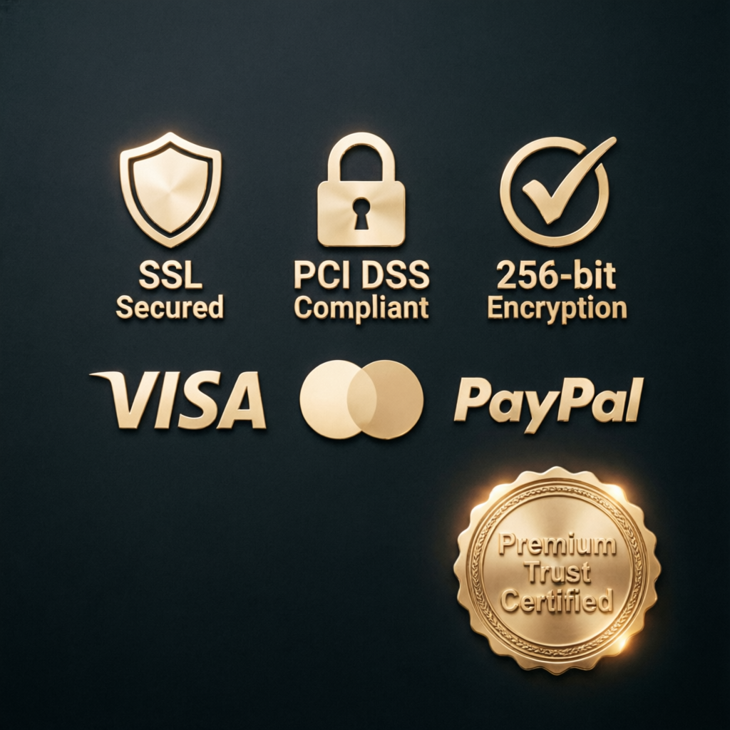 Trust and security verification badges with SSL, PCI DSS, and premium trust certification
