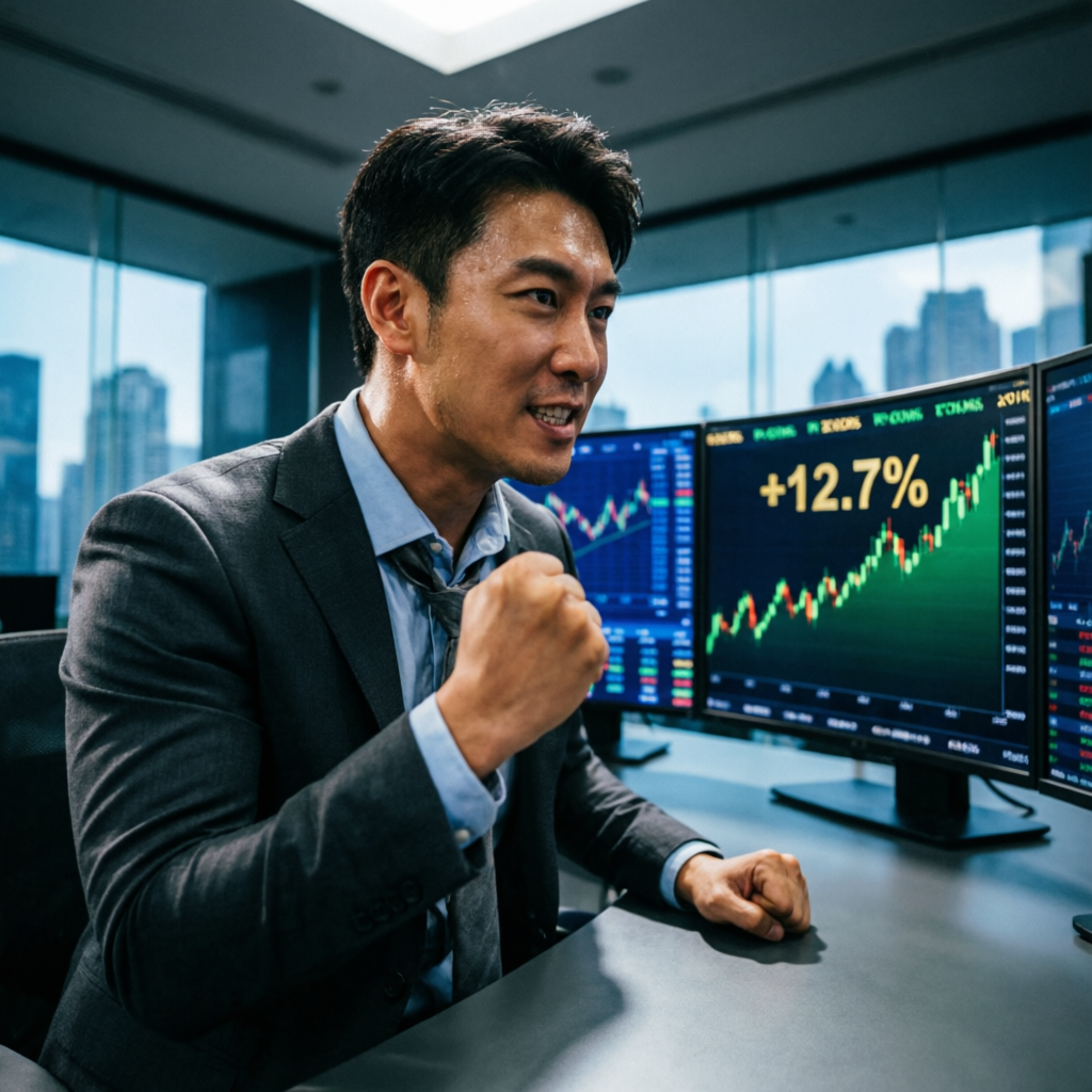 Successful trader celebrating profitable trading with +12.7% gains on multiple screens