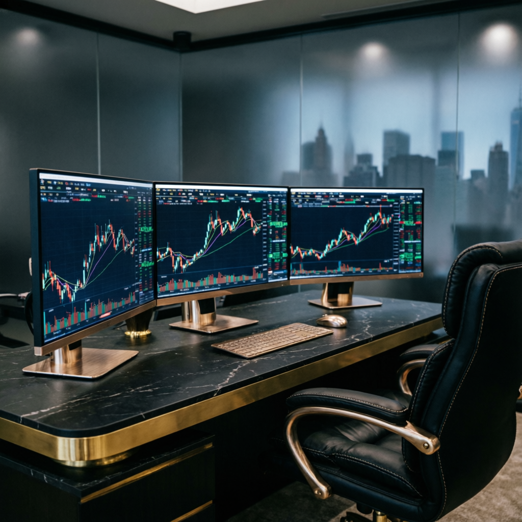 Professional Wall Street trading desk with multiple monitors showing forex charts and candlestick patterns