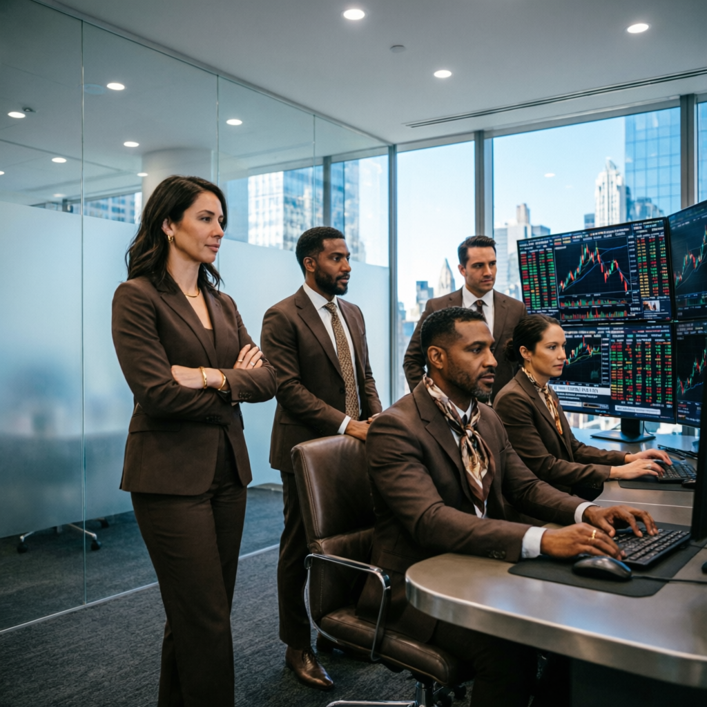 Professional team of financial analysts in modern trading firm office analyzing markets