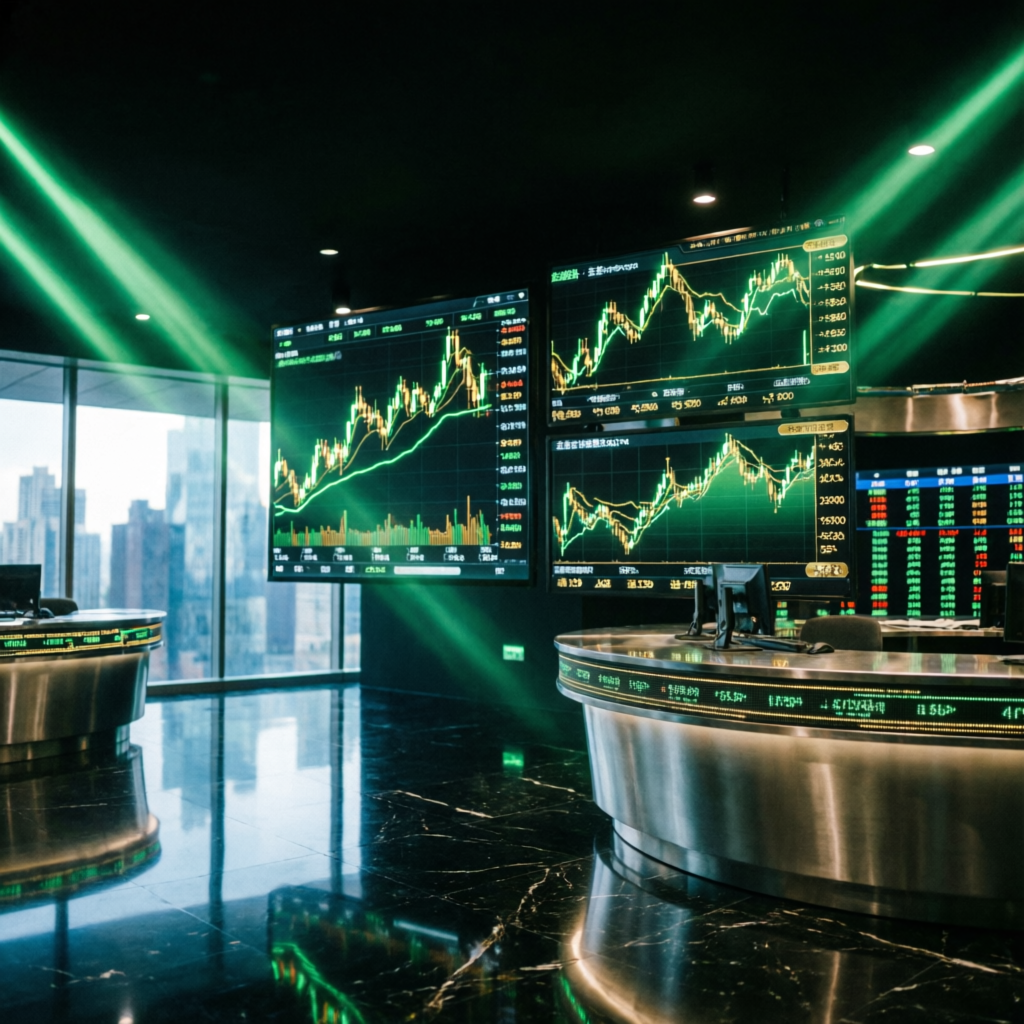 Futures trading floor with multiple large screens showing candlestick charts and market data