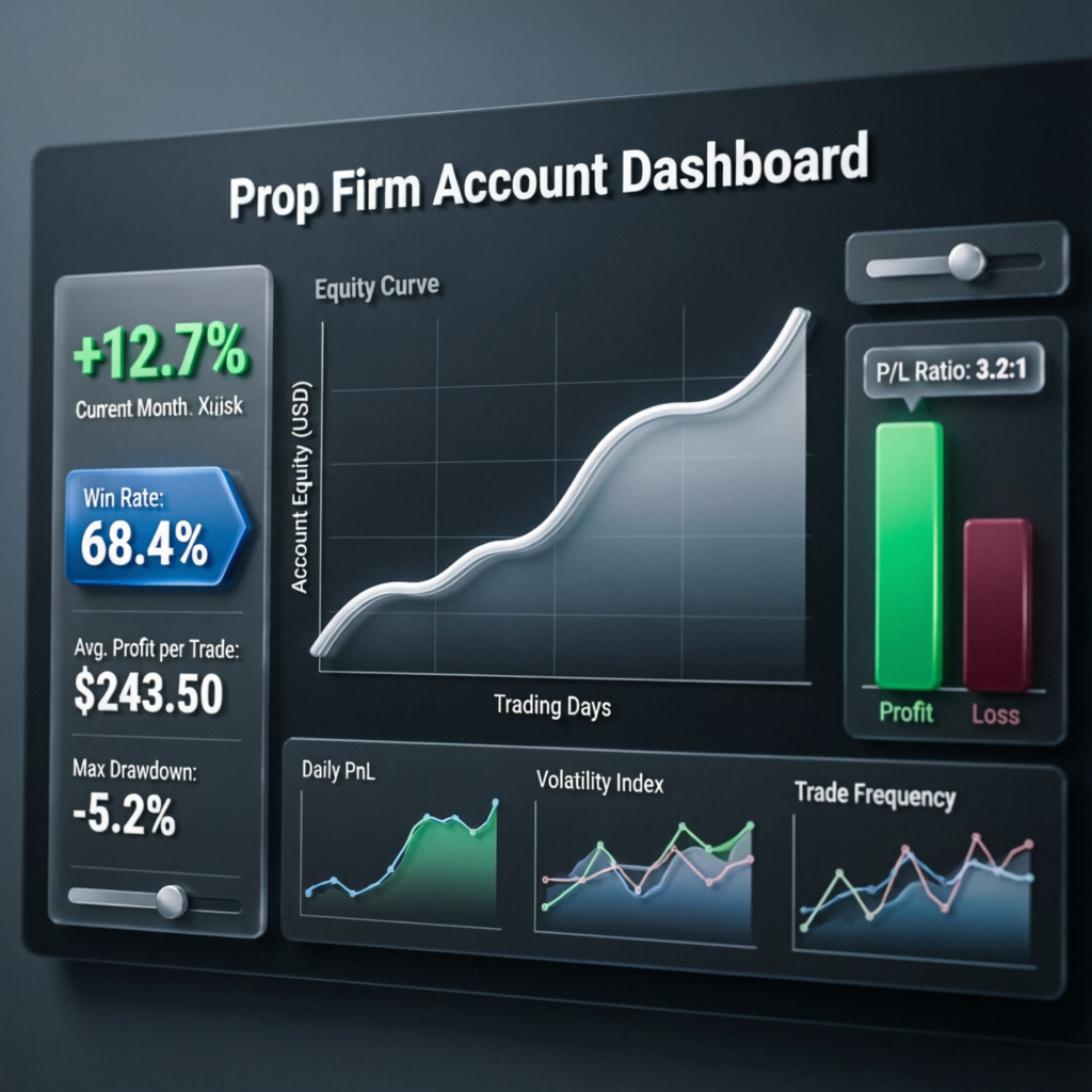 Prop Firm Account Dashboard showing equity curve, win rate, and profit/loss statistics