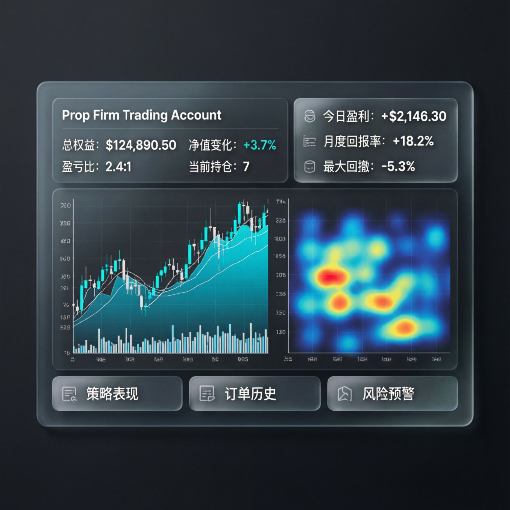 Prop firm trading account dashboard showing funded account management with profit metrics and trading charts