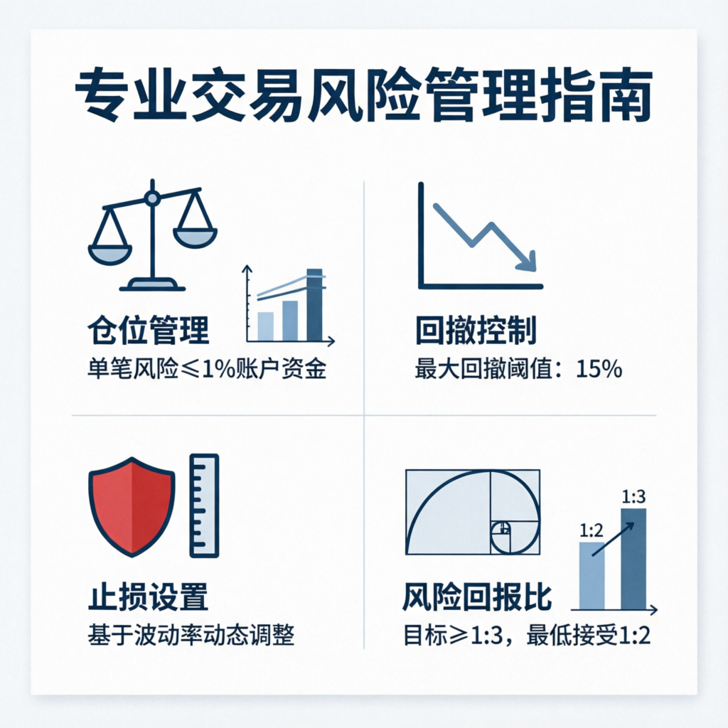 Professional trading risk management guide showing position sizing, drawdown control, stop loss, and risk reward ratio for prop firm trading