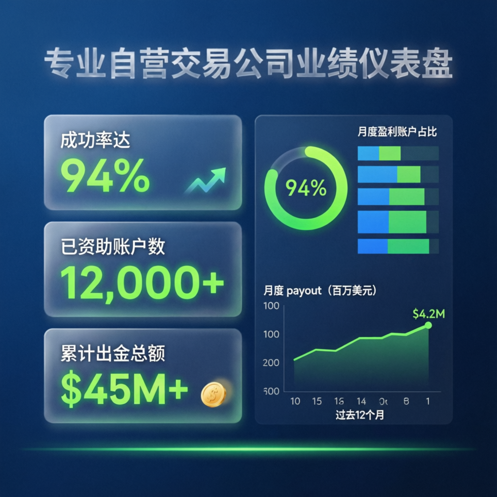 Quick Prop Pass results dashboard showing 94% success rate, 12000+ funded accounts, and $45M+ total payouts