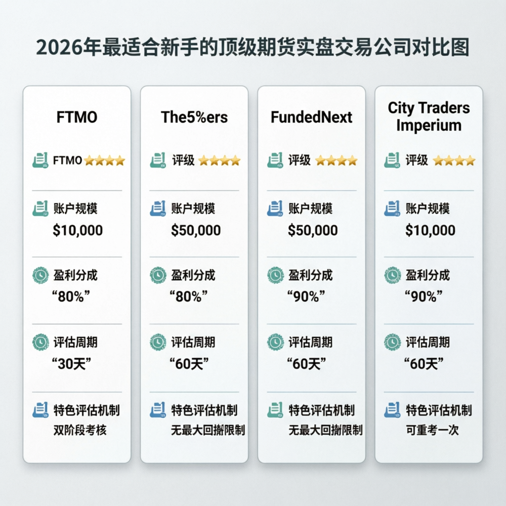 Comparison chart of best prop firms for beginners in 2026 showing FTMO, The5%ers, FundedNext and City Traders Imperium