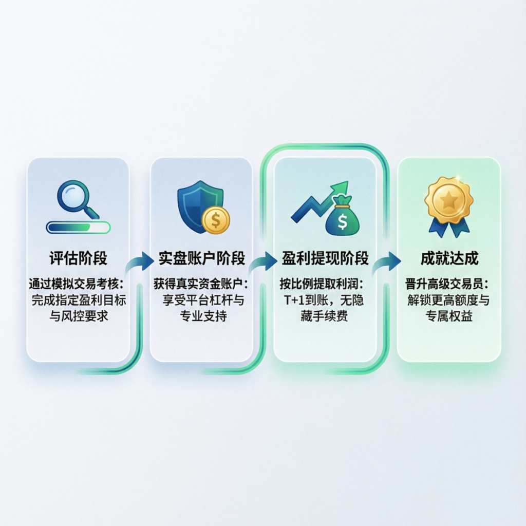 Step by step prop firm challenge process: evaluation phase, funded account phase, profit withdrawal, and achievement with Quick Prop Pass