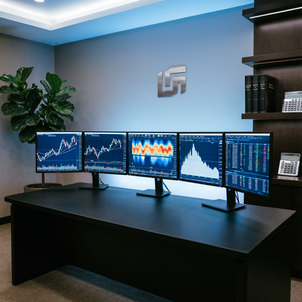 Professional trading desk with multiple monitors displaying forex charts at PFM Capitals