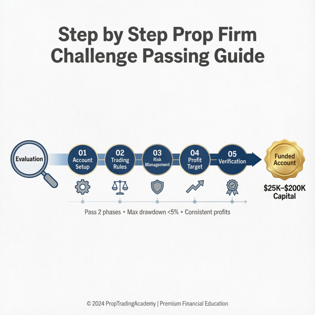 Step by step prop firm challenge passing guide infographic