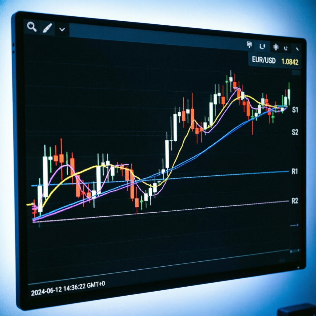 Forex trading chart analysis with candlestick patterns and technical indicators