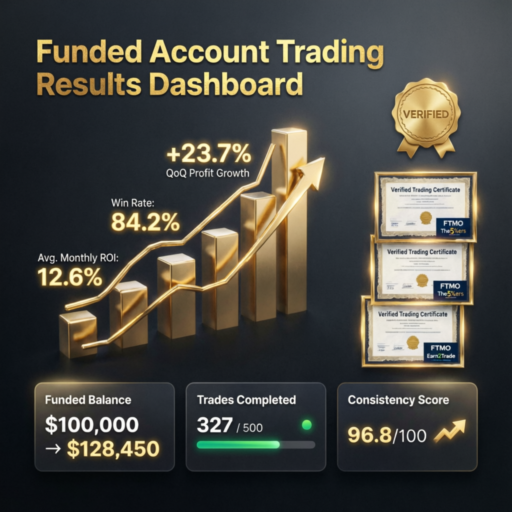 Funded account trading results dashboard with verified certificates and profit growth charts