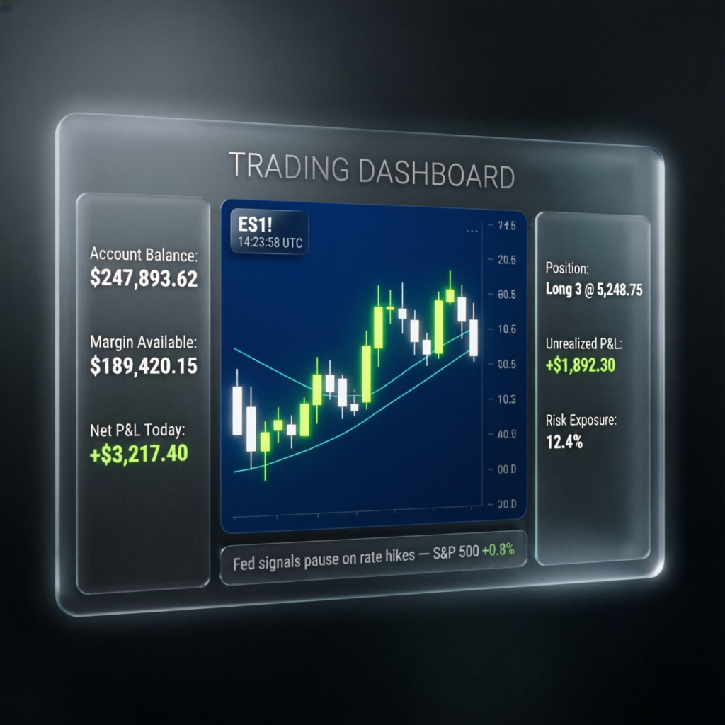 Topstep trading dashboard showing ES futures chart with P&L metrics