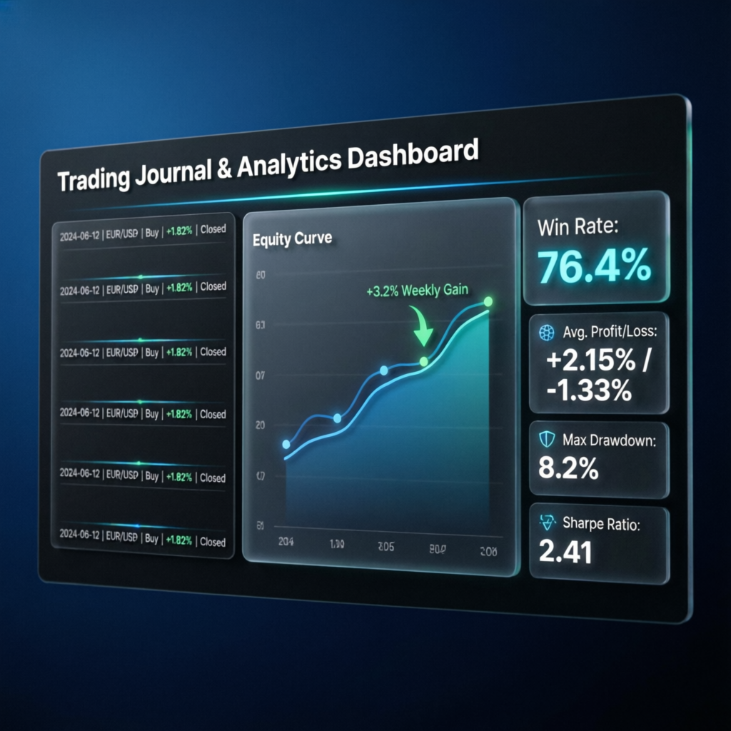 Trading journal and analytics dashboard showing performance metrics