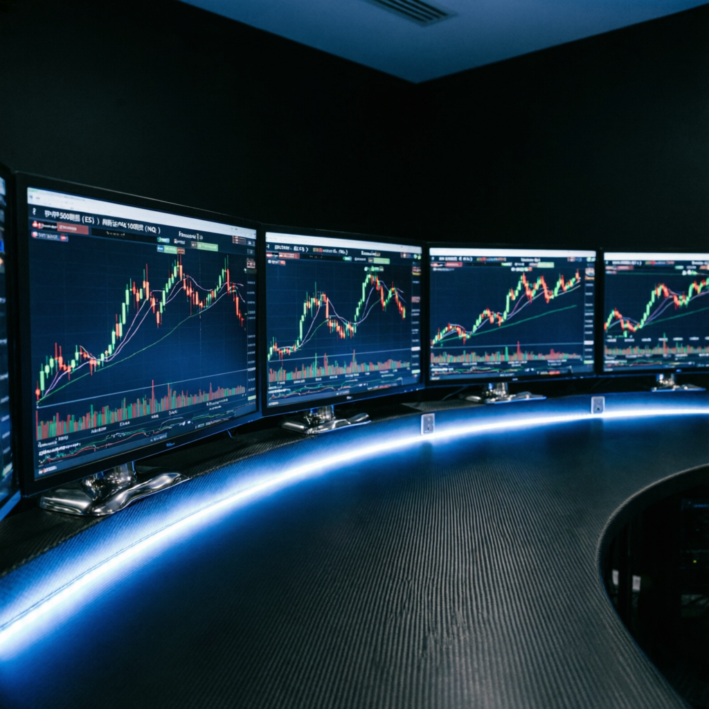 Multiple trading monitors showing ES and NQ futures charts