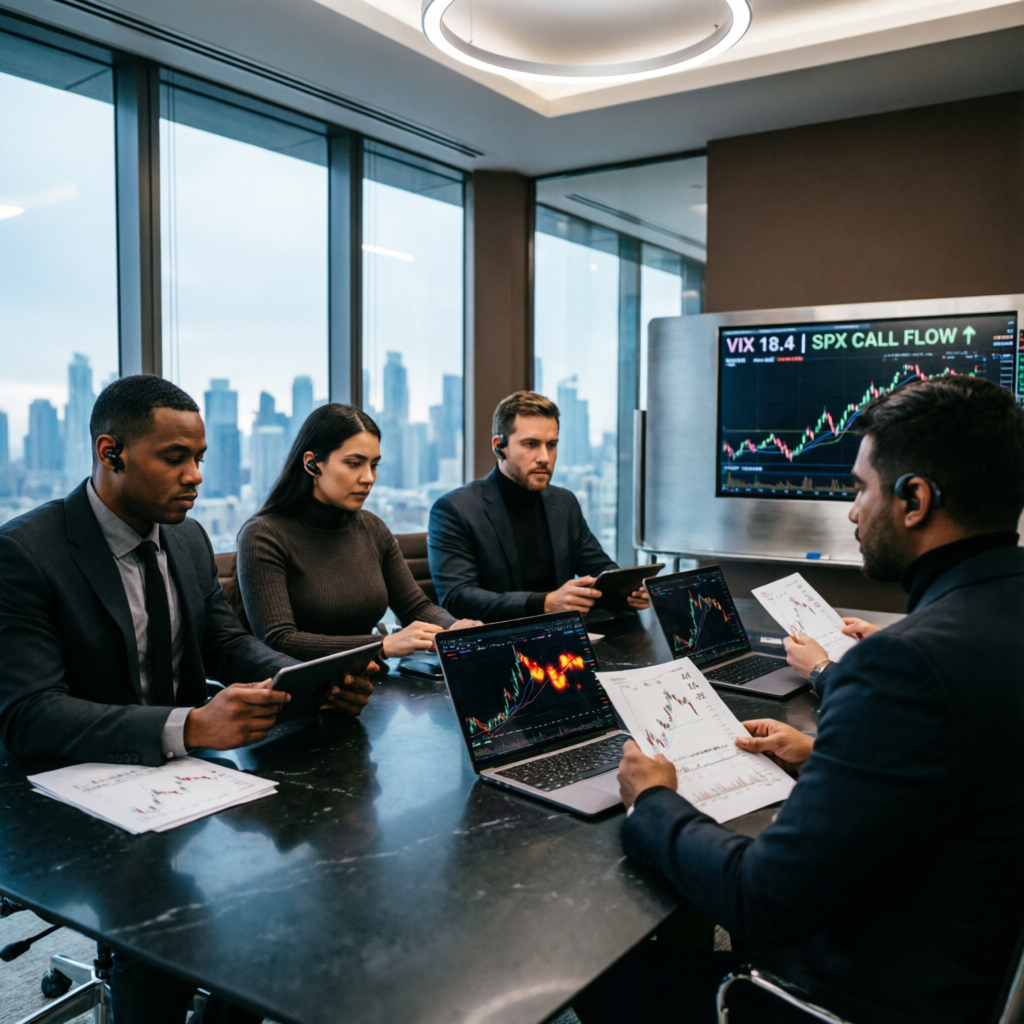 Professional prop firm trading team collaborating on strategy