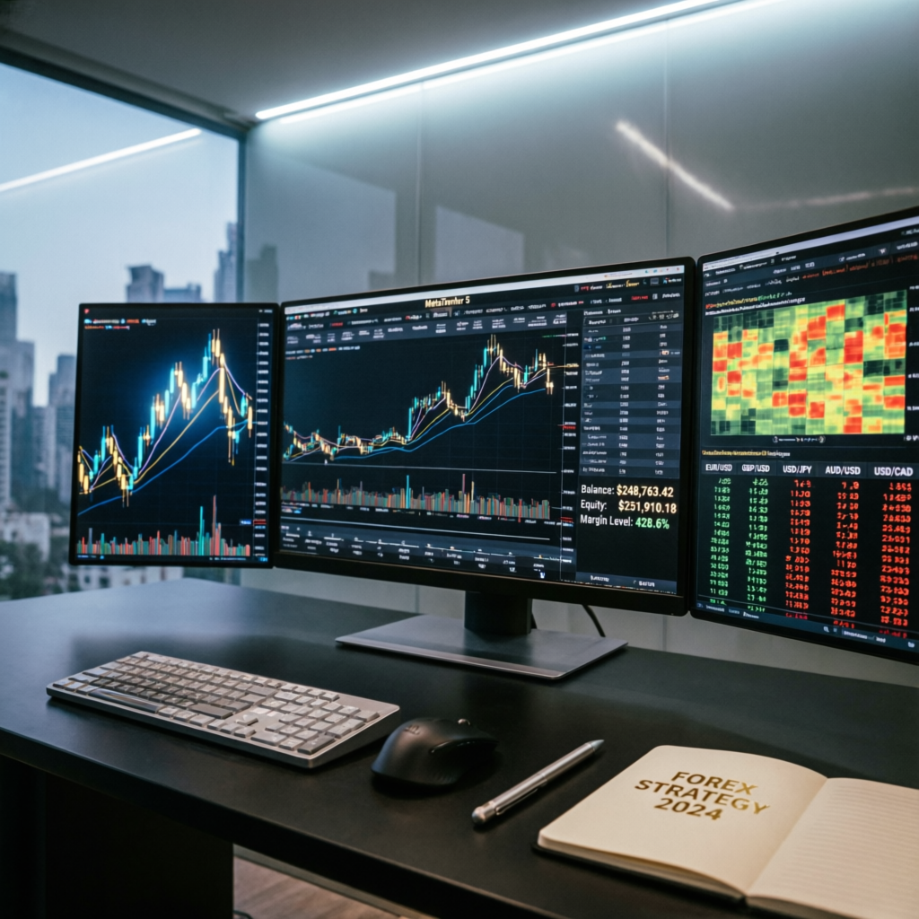 Professional Alpha Capital Group Account Management trading setup with multiple monitors displaying forex charts