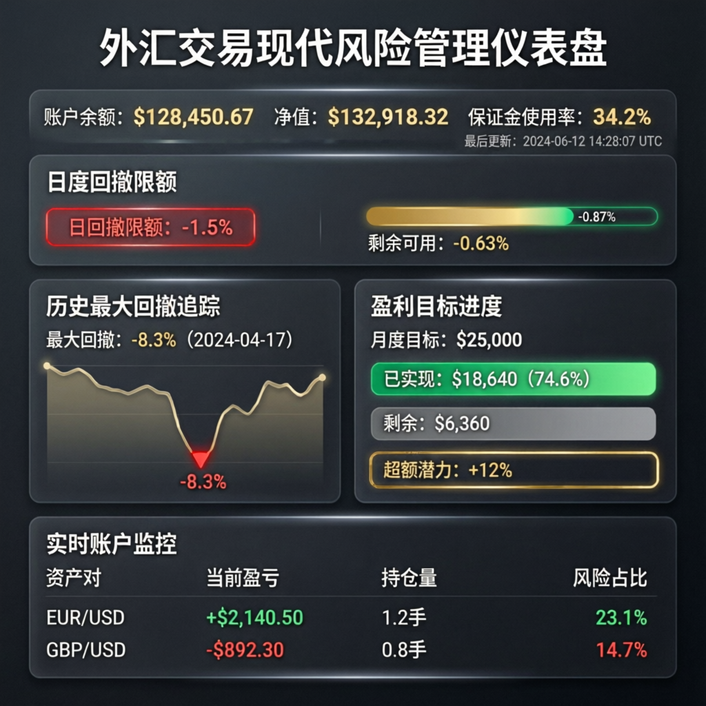 Risk management dashboard showing controlled drawdown during prop firm challenge