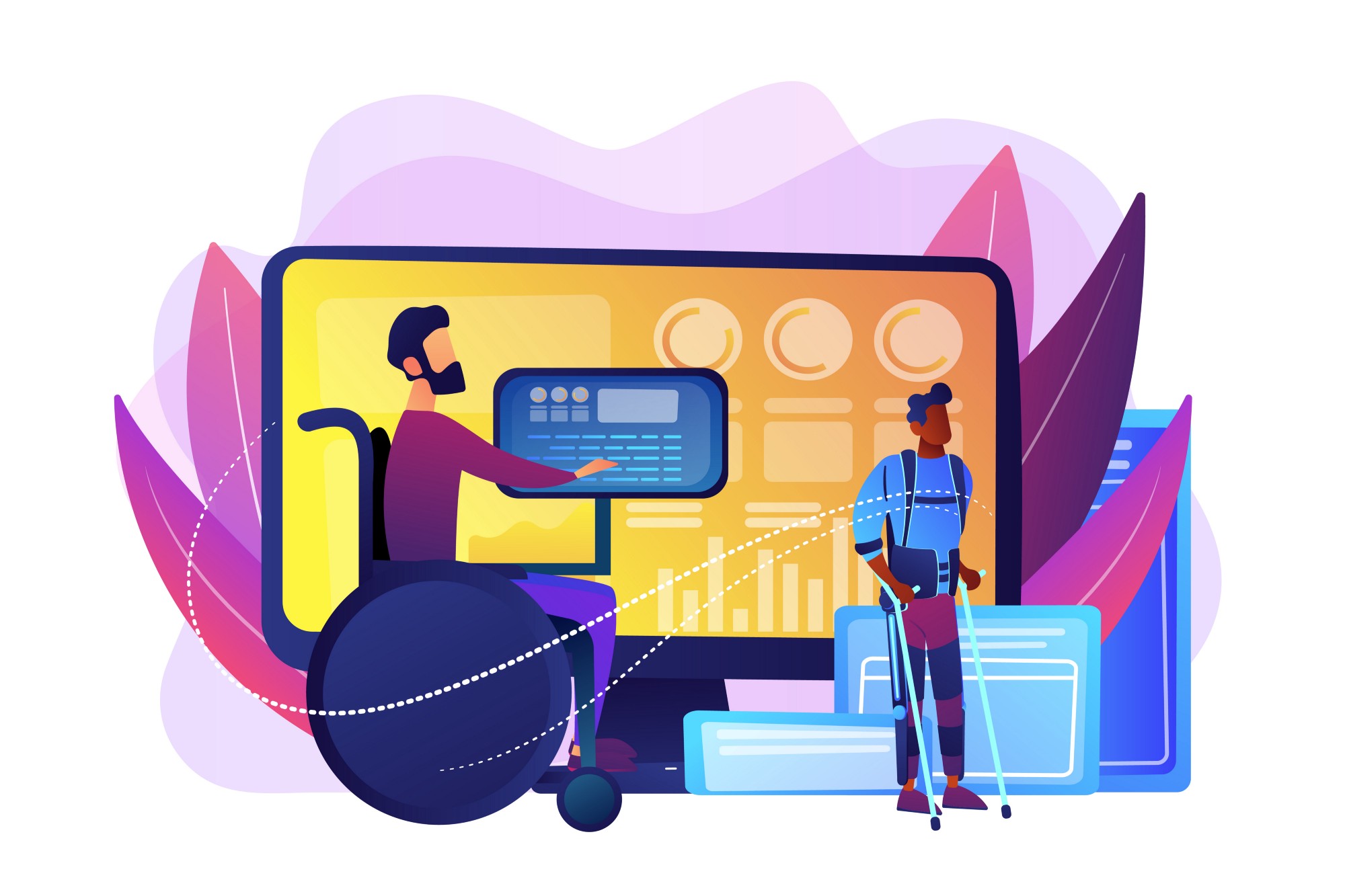 Ilustração de pessoas utilizando tecnologia assistiva e recursos de acessibilidade digital