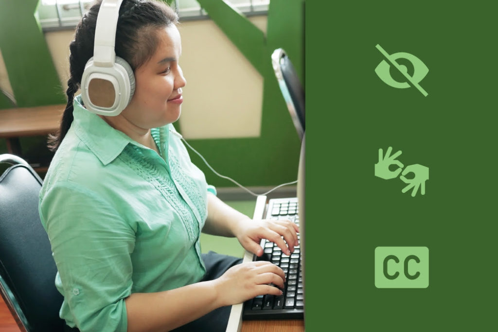 Pessoa utilizando computador com fones de ouvido - acessibilidade digital