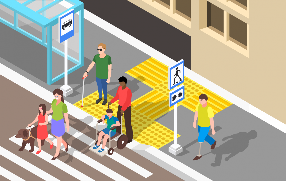 Ilustração de pessoas com diferentes deficiências em calçada acessível