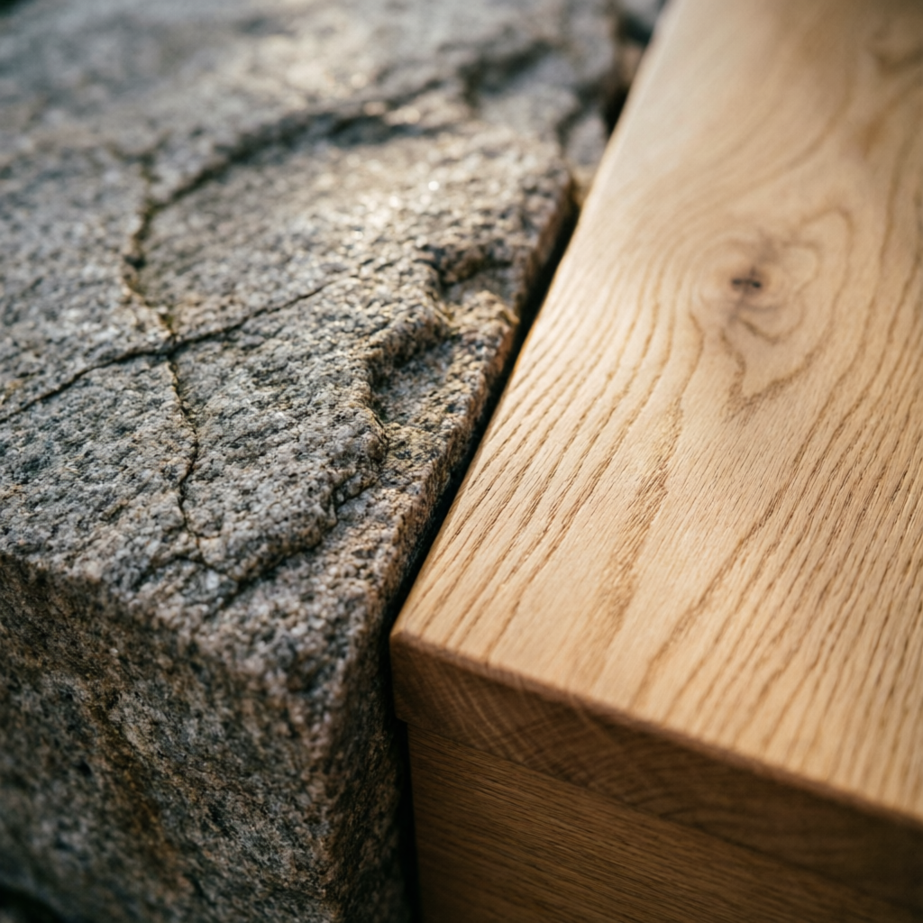 Imagen provisional de referencia: detalle de encuentro entre piedra natural y madera
