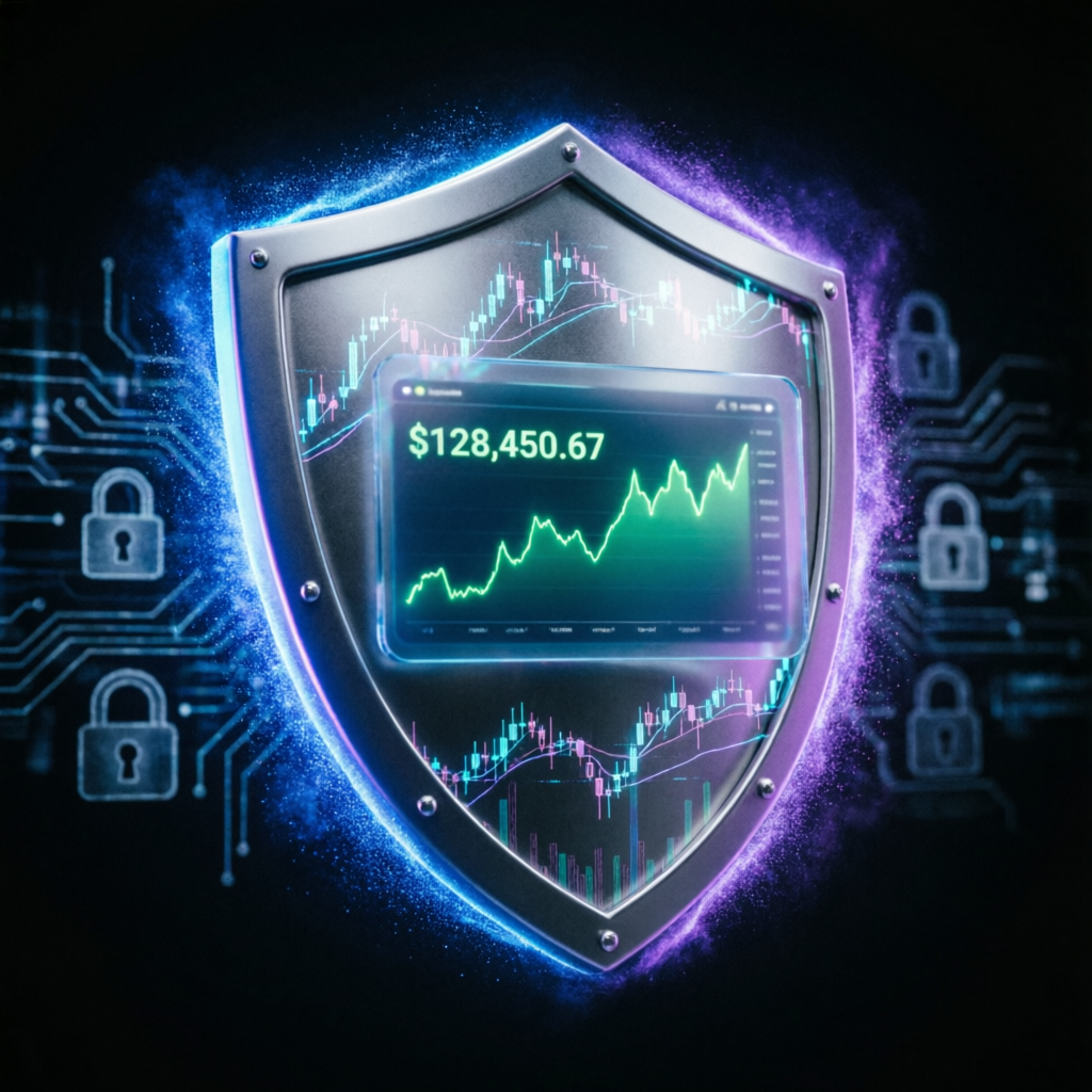 Risk management shield protecting trading account with profit chart
